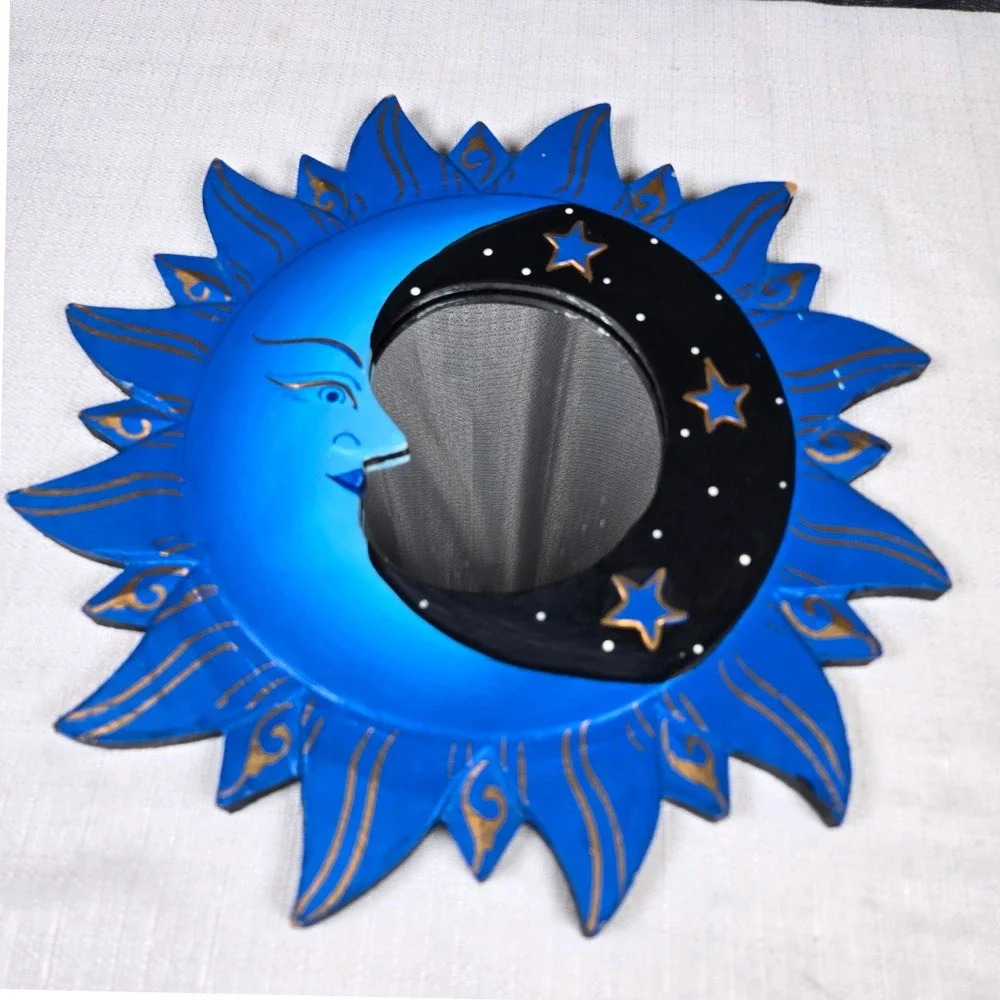 Vintage Celestial Sun Moon Wall Mirror Hand Painted Blue Gold Wood Indonesia 12